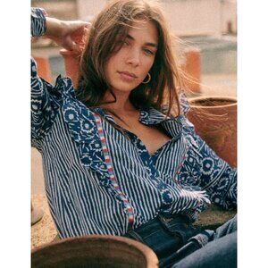 Sezane Blue and White Patterned Blouse